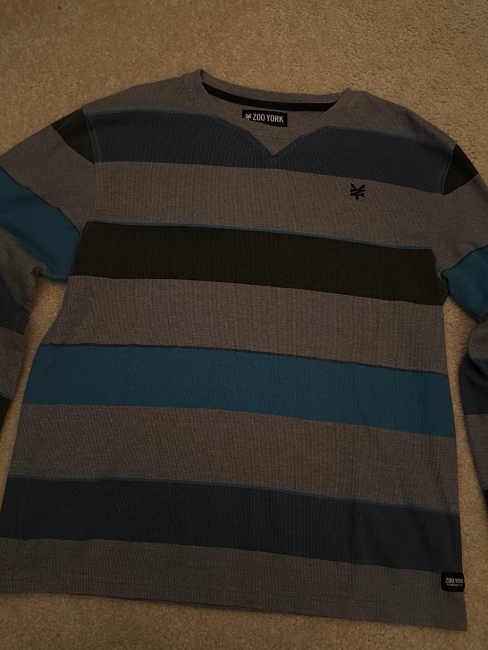 Zoo York Men’s Gray, Teal & Black Striped Crewneck Sweater